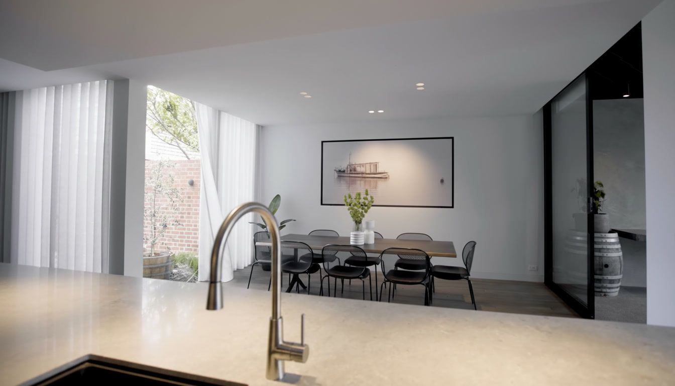 Modern open-plan dining room with black chairs, white walls, and large windows viewed from a kitchen counter