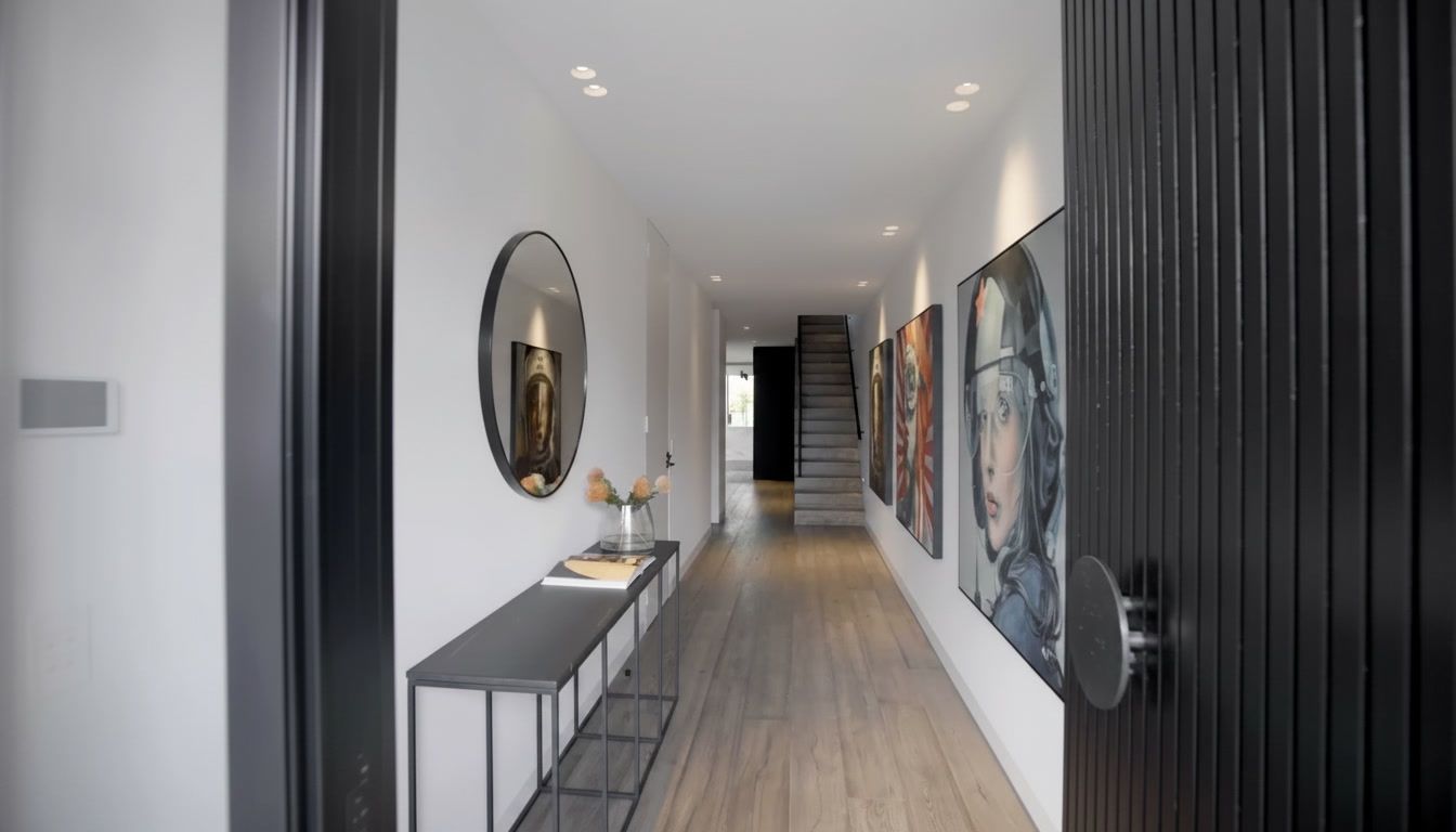 Modern hallway with wood floors, black sideboard, round mirror, artwork, and recessed ceiling lights