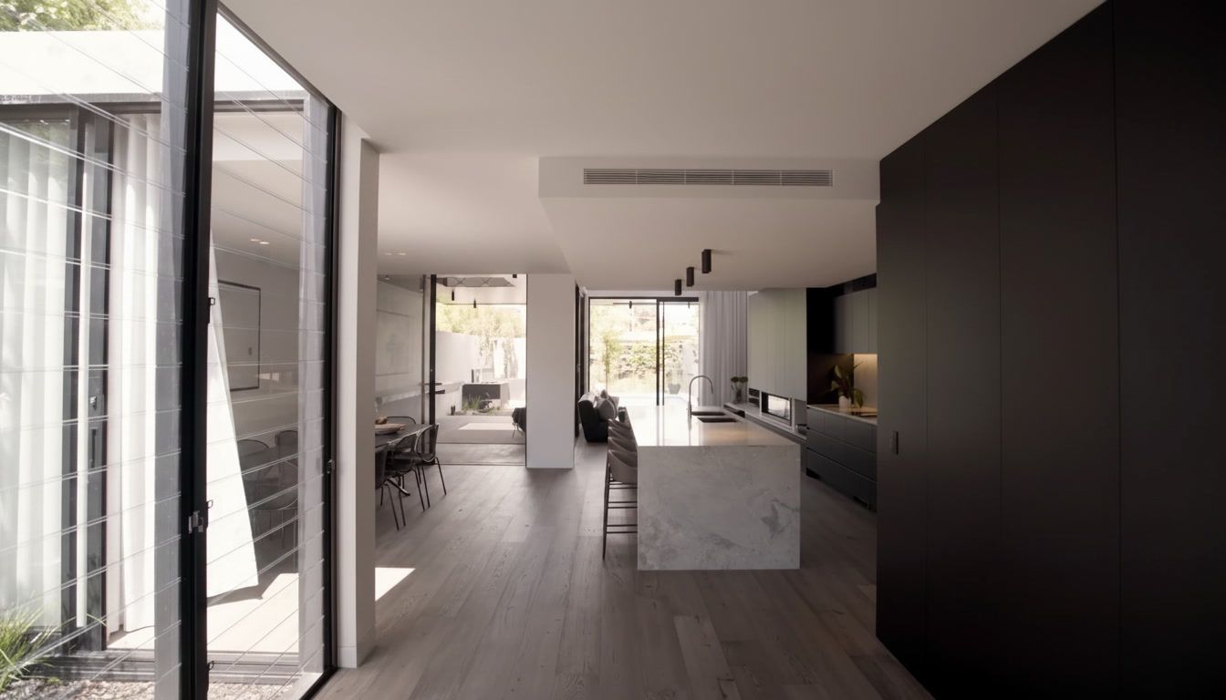 Modern open-plan kitchen and living area with floor-to-ceiling windows and a large island