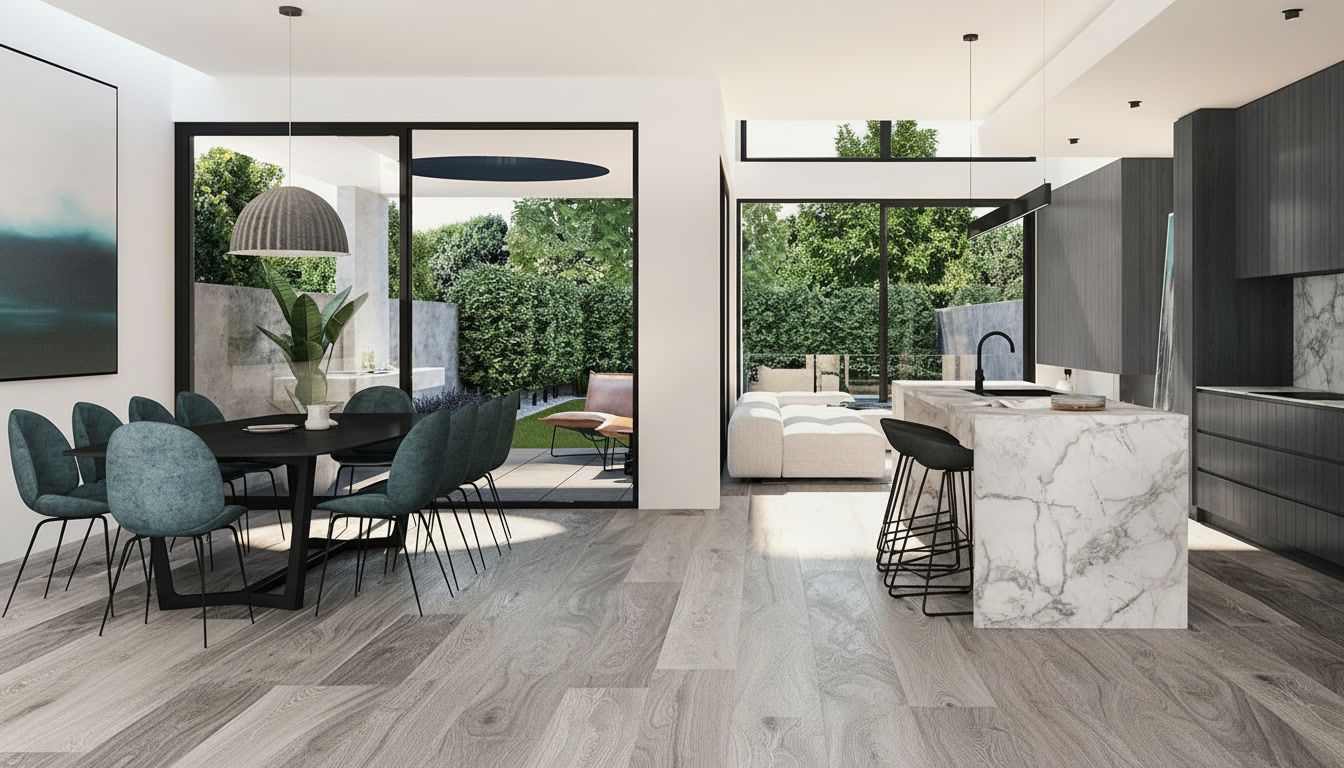 Modern open-plan dining and kitchen with marble island, gray chairs, and large windows looking onto greenery