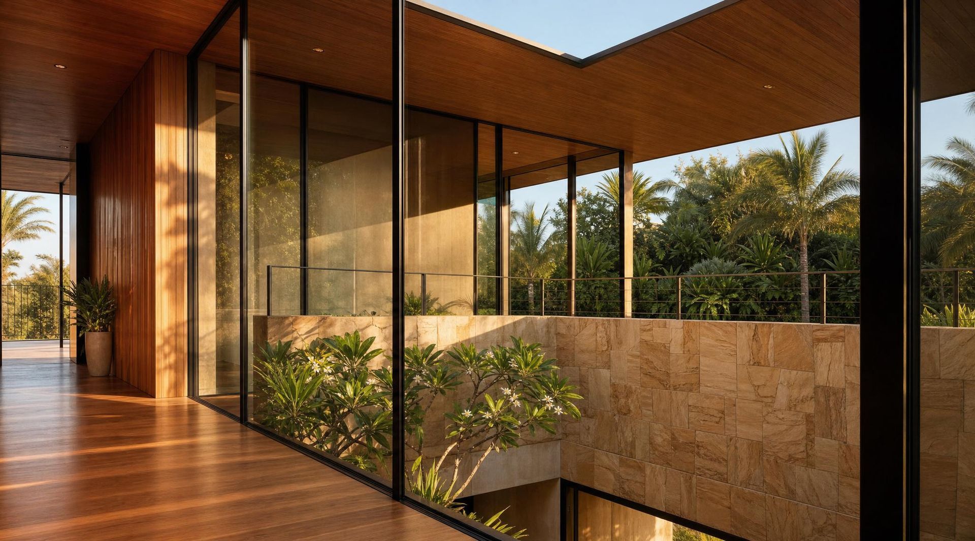 Modern glass-and-wood interior corridor with a stairwell and sunlight filtering through large windows