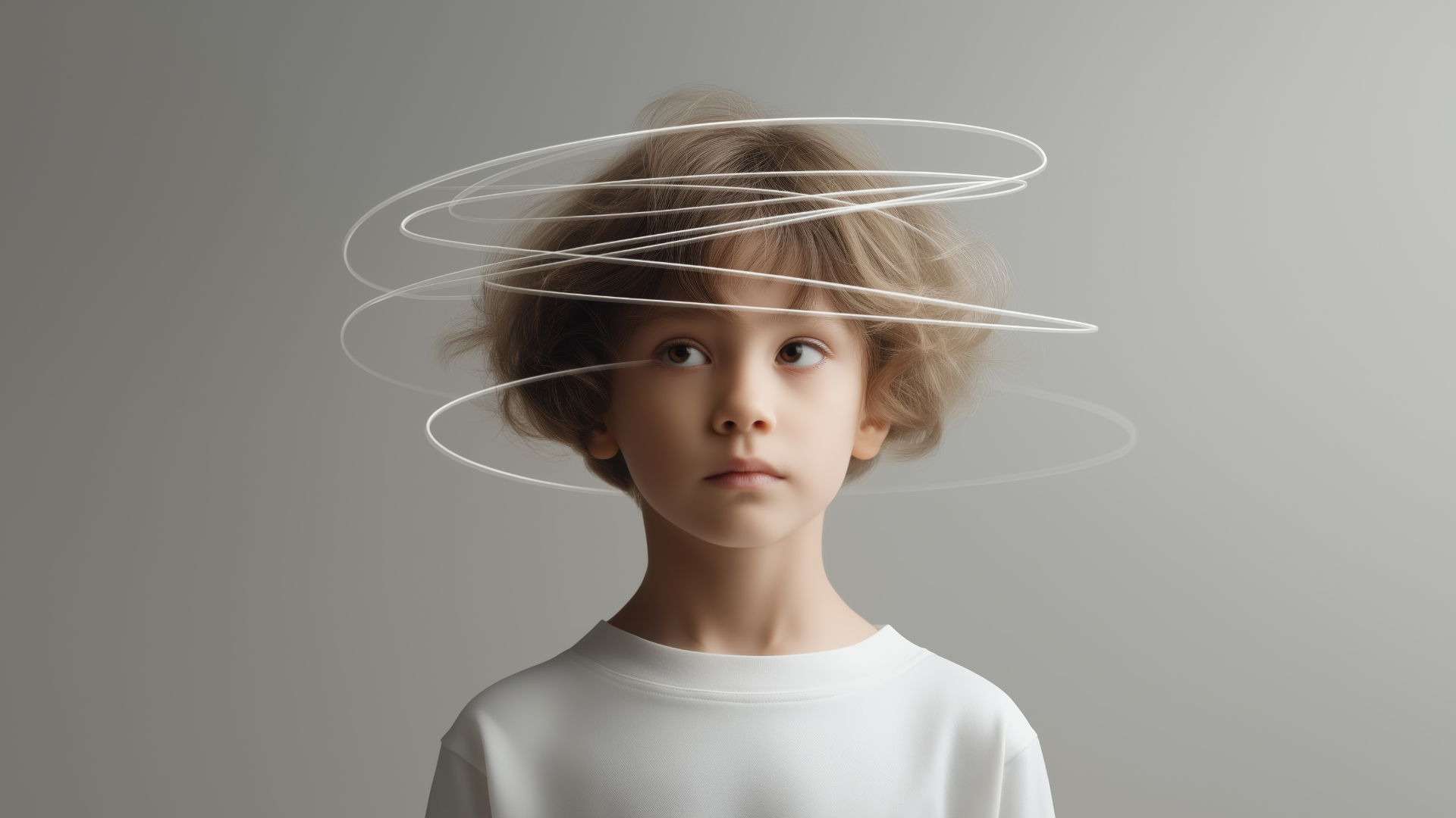 Young child with curly hair in a white shirt, centered against a gray background with swirling white lines around the head