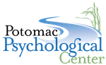 Potomac Psychological Center logo in black, blue, and green with a stylized wave and bamboo