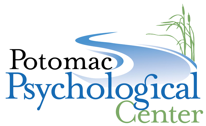 Potomac Psychological Center logo in black, blue, and green with a stylized wave and bamboo