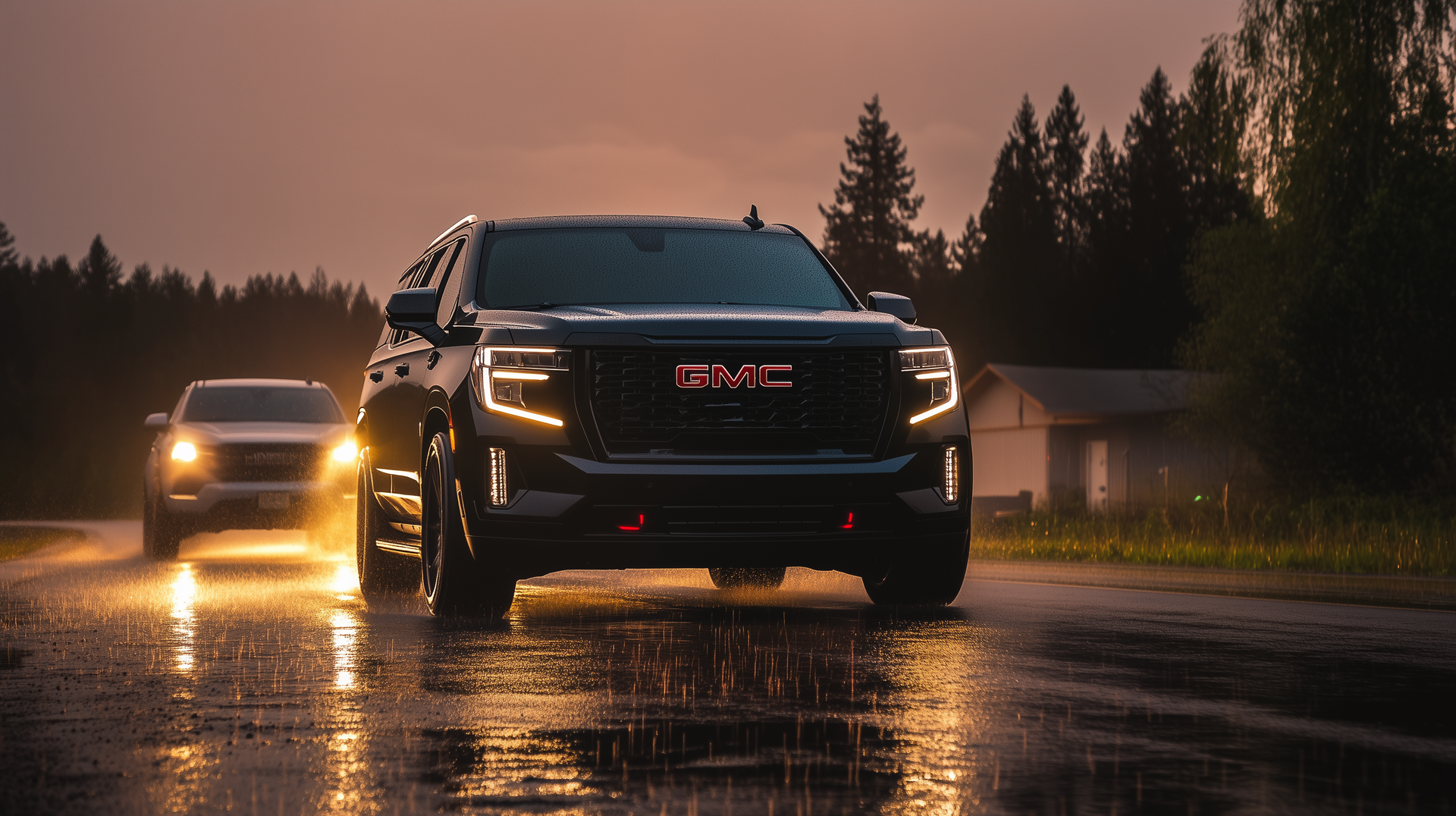 A GMC Yukon driving on a wet road in Southern Oregon while its raining.