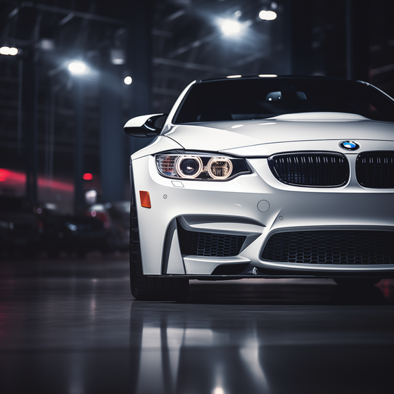 Wheel alignment close up on a BMW in a repair shop in Medford Oregon.