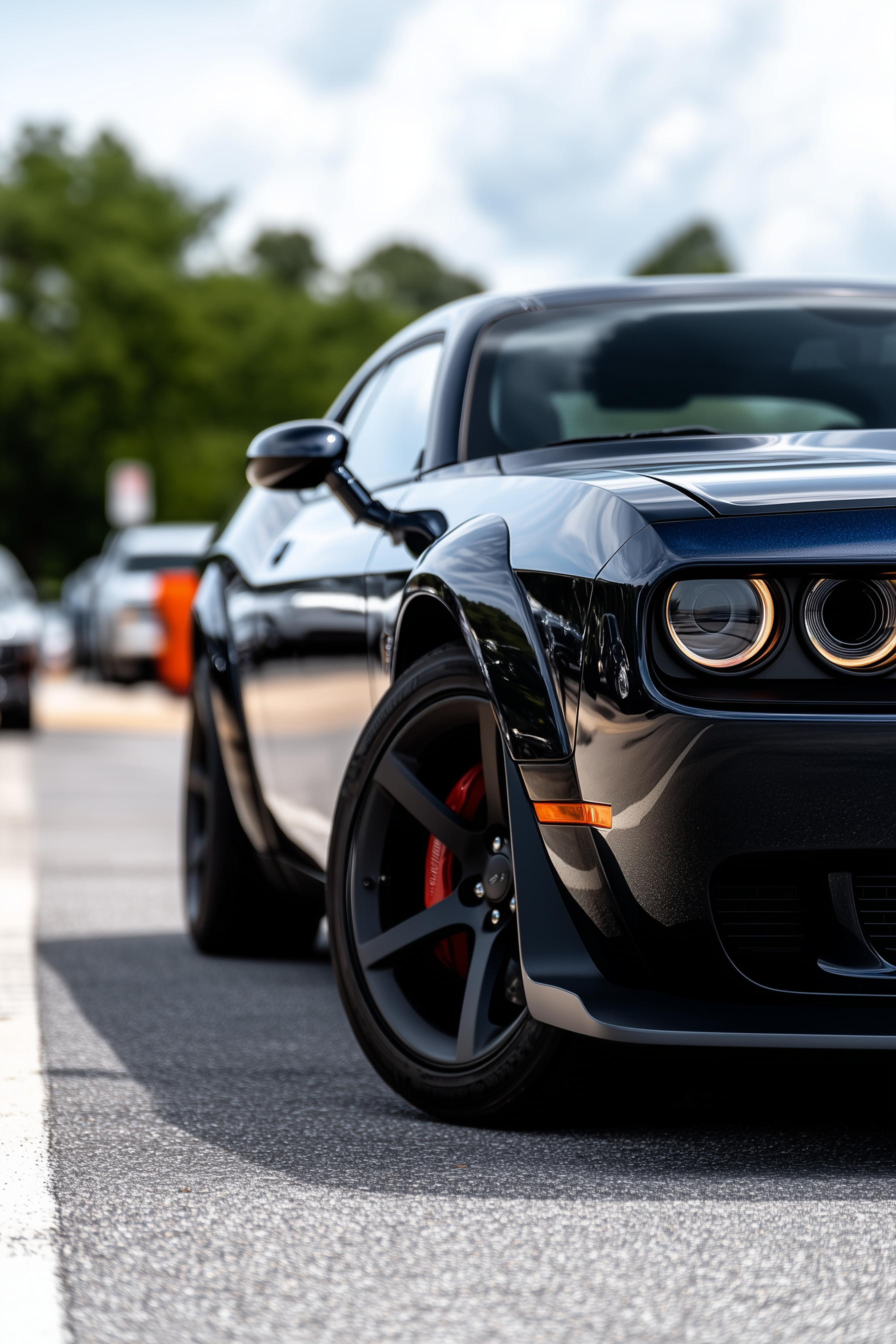 A black shiny Dodge Challenger close up