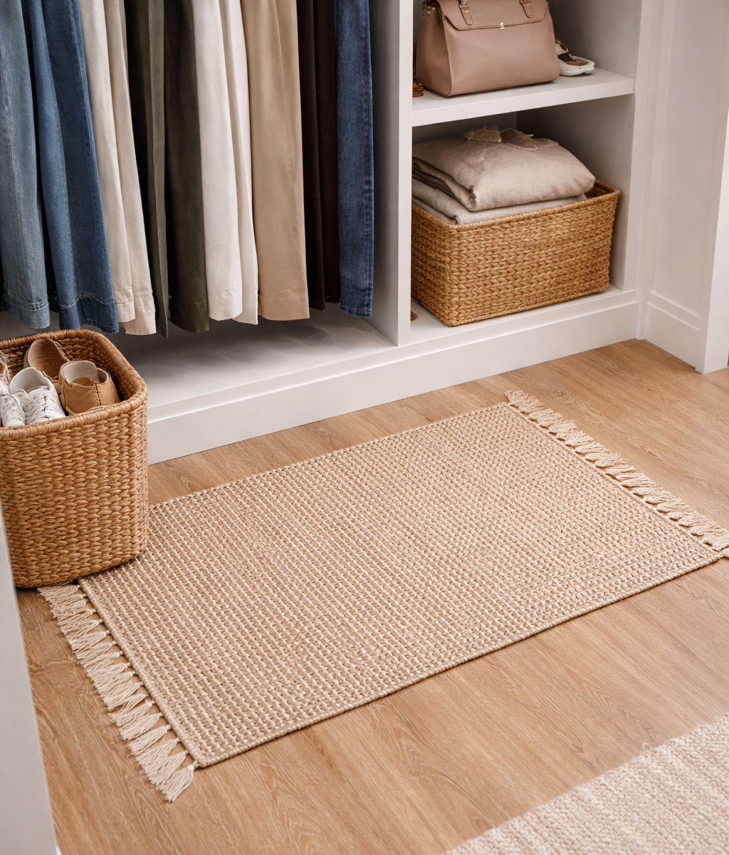 Tan woven rug in a closet with baskets and hanging clothes.