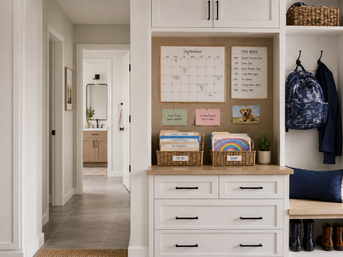 Spacious garage with red cabinets and drawers, gray floor, and overhead lighting.