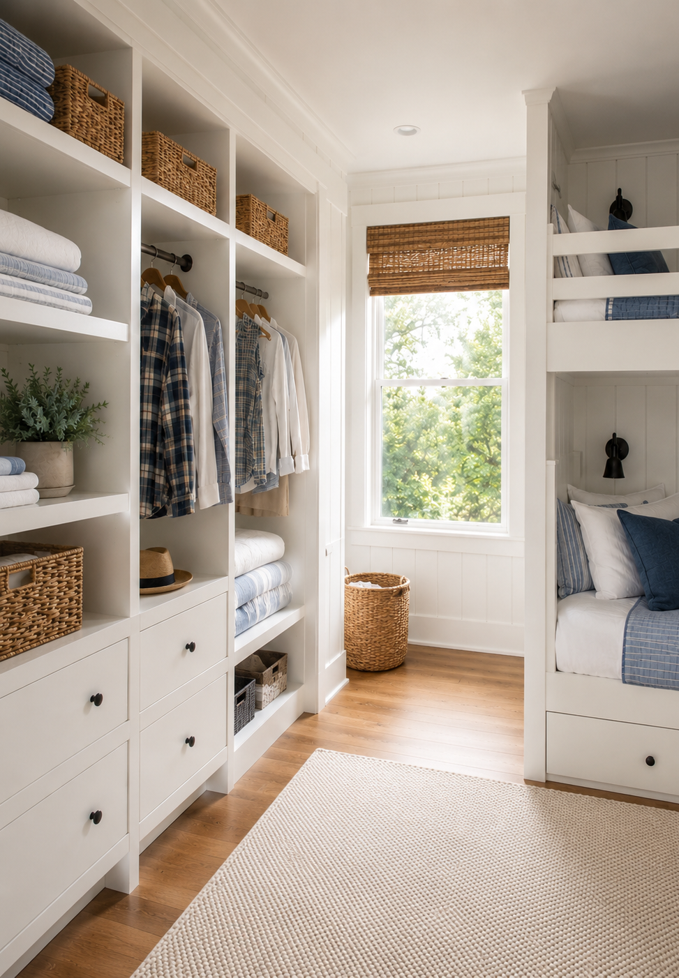A neatly organized white closet filled with clothes on hangers, folded items, and shoes.