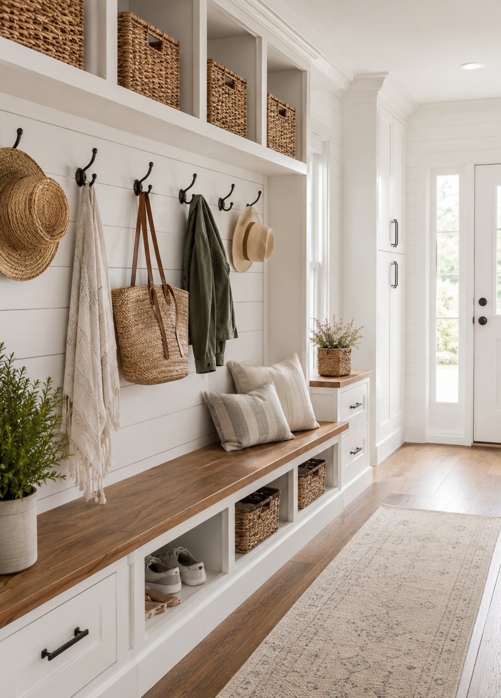 A neatly organized white closet filled with clothes on hangers, folded items, and shoes.
