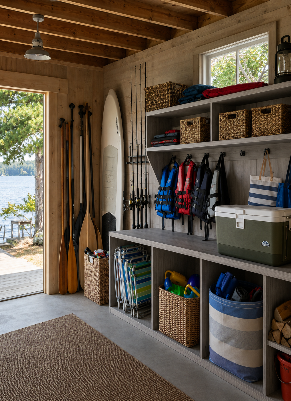 Basement workshop with shelving, clear bins, baskets, workbench, and tools hanging on a pegboard.