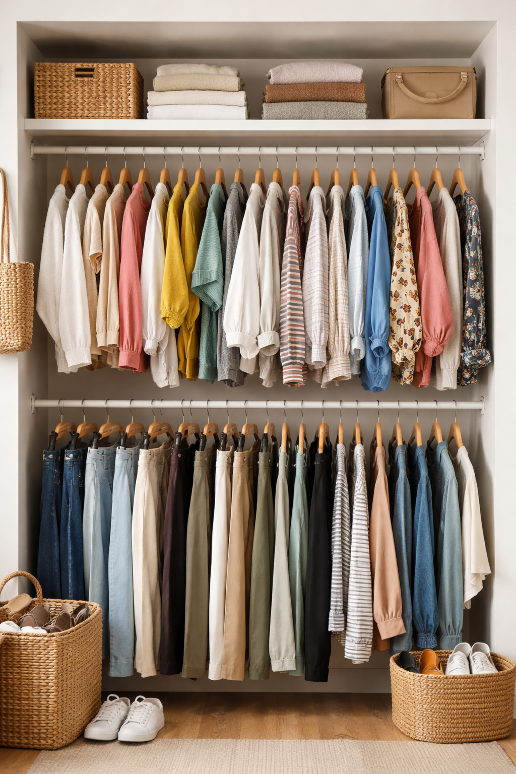 A well-oranized, stylish closet with two rows of hangers.