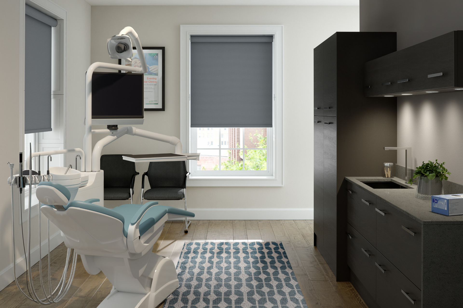 A dental office with a dental chair and a sink