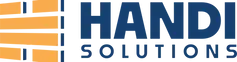 The logo for handi solutions is blue and orange.