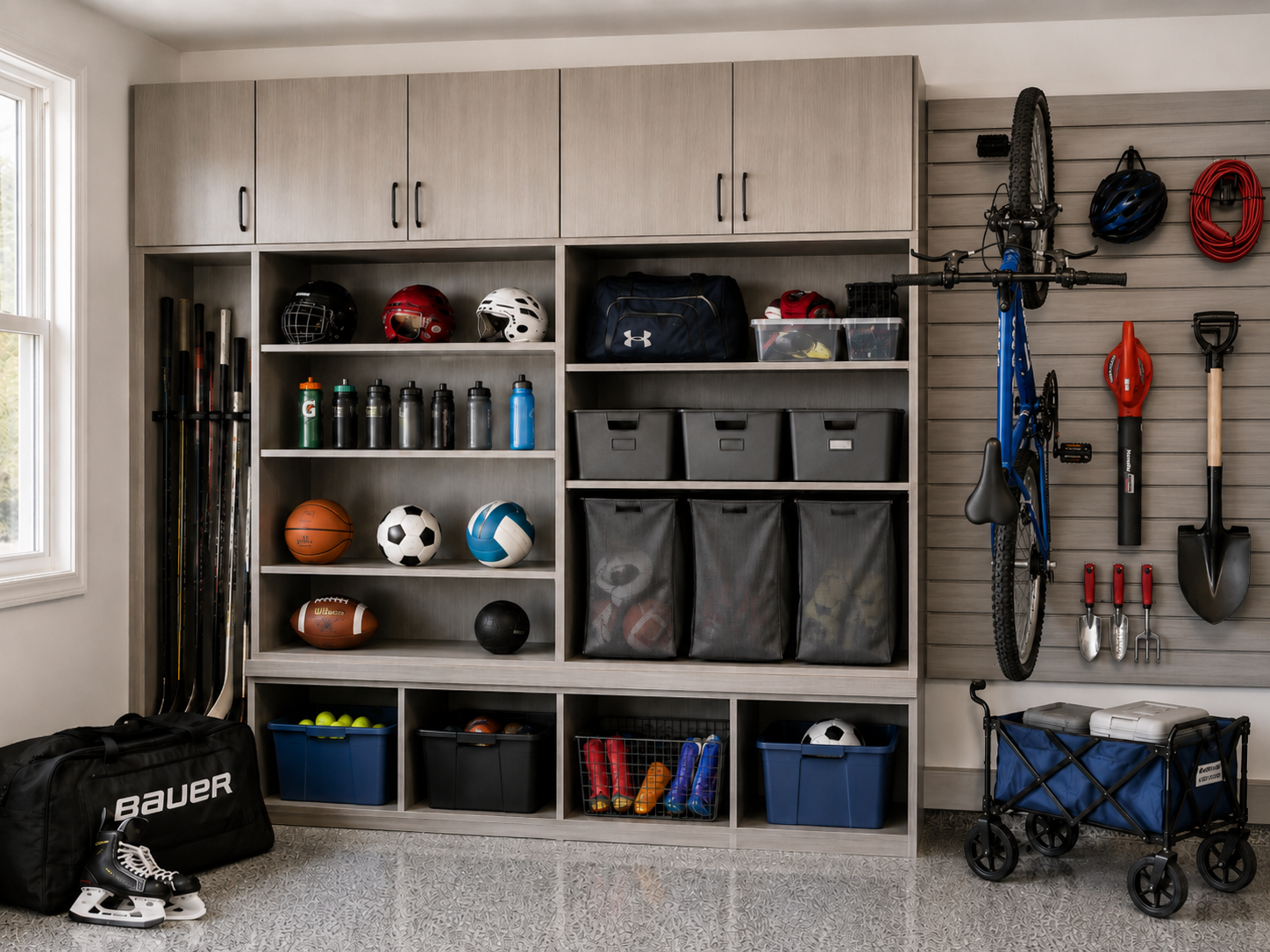 Spacious garage with red cabinets and drawers, gray floor, and overhead lighting.