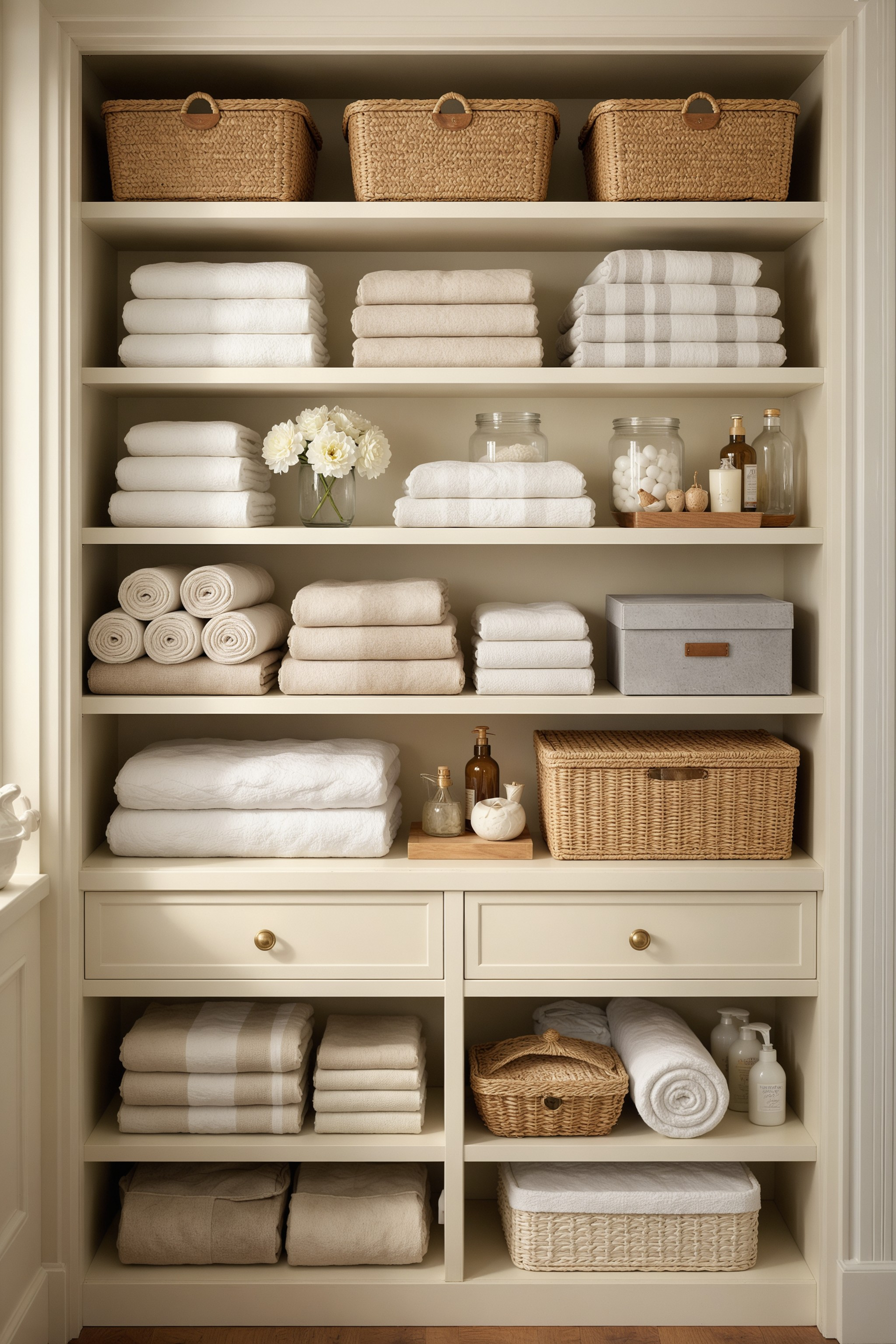 Built-in shelves stocked with folded and rolled towels, baskets, and decorative items. Neutral tones.