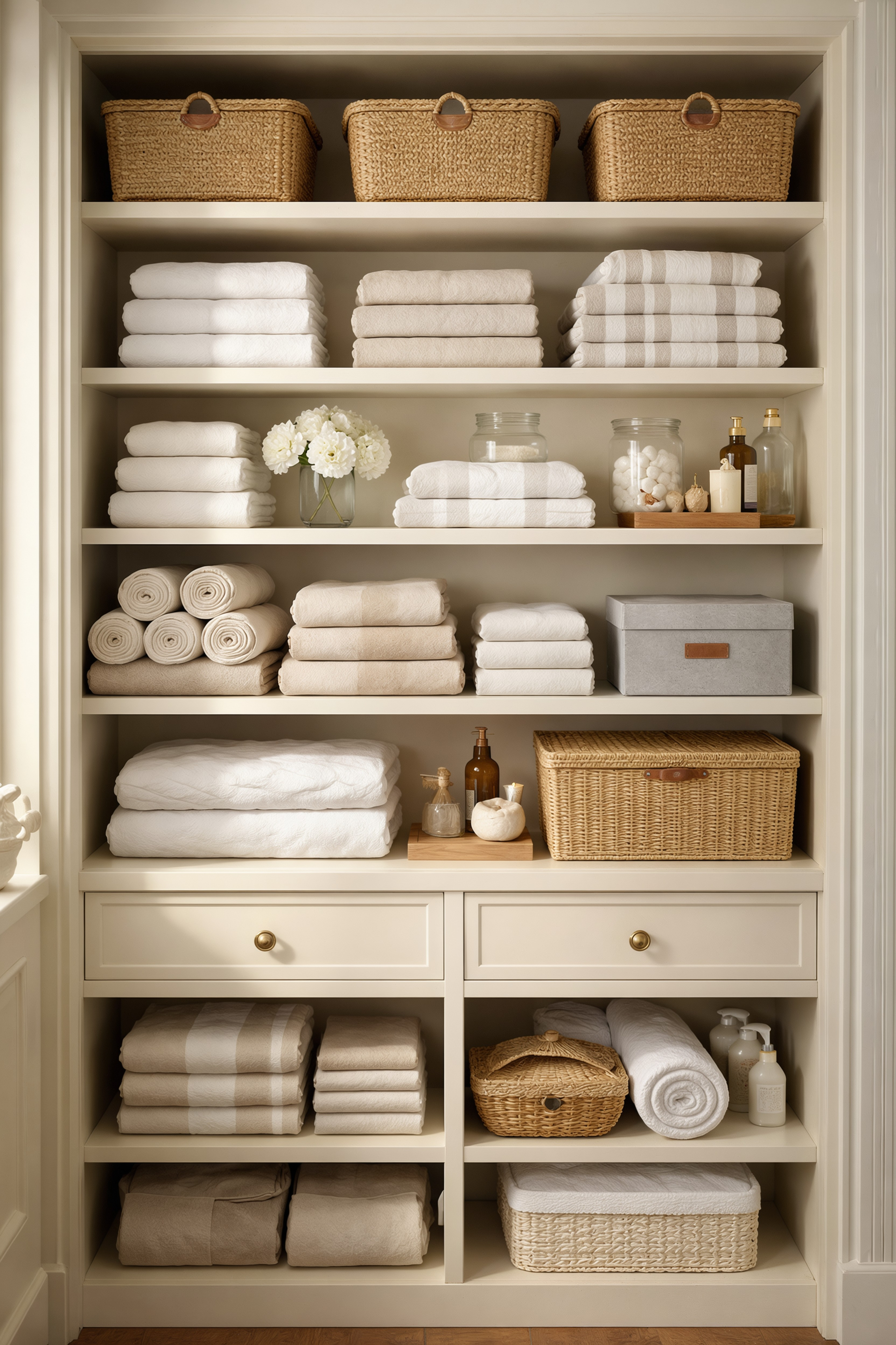 Built-in cream-colored shelves filled with neatly organized white and tan towels, baskets, and decorative items.