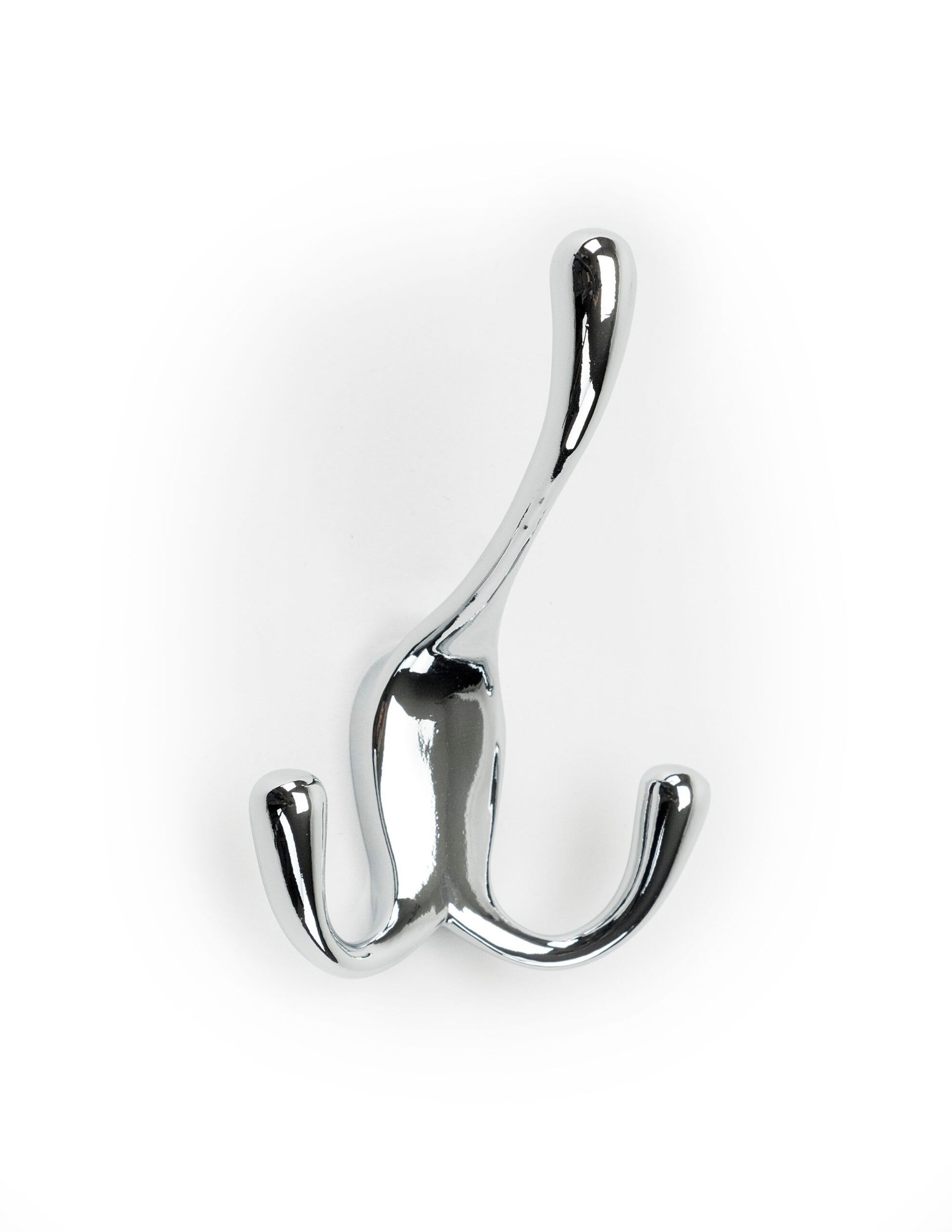 A chrome coat hook is hanging on a white wall.