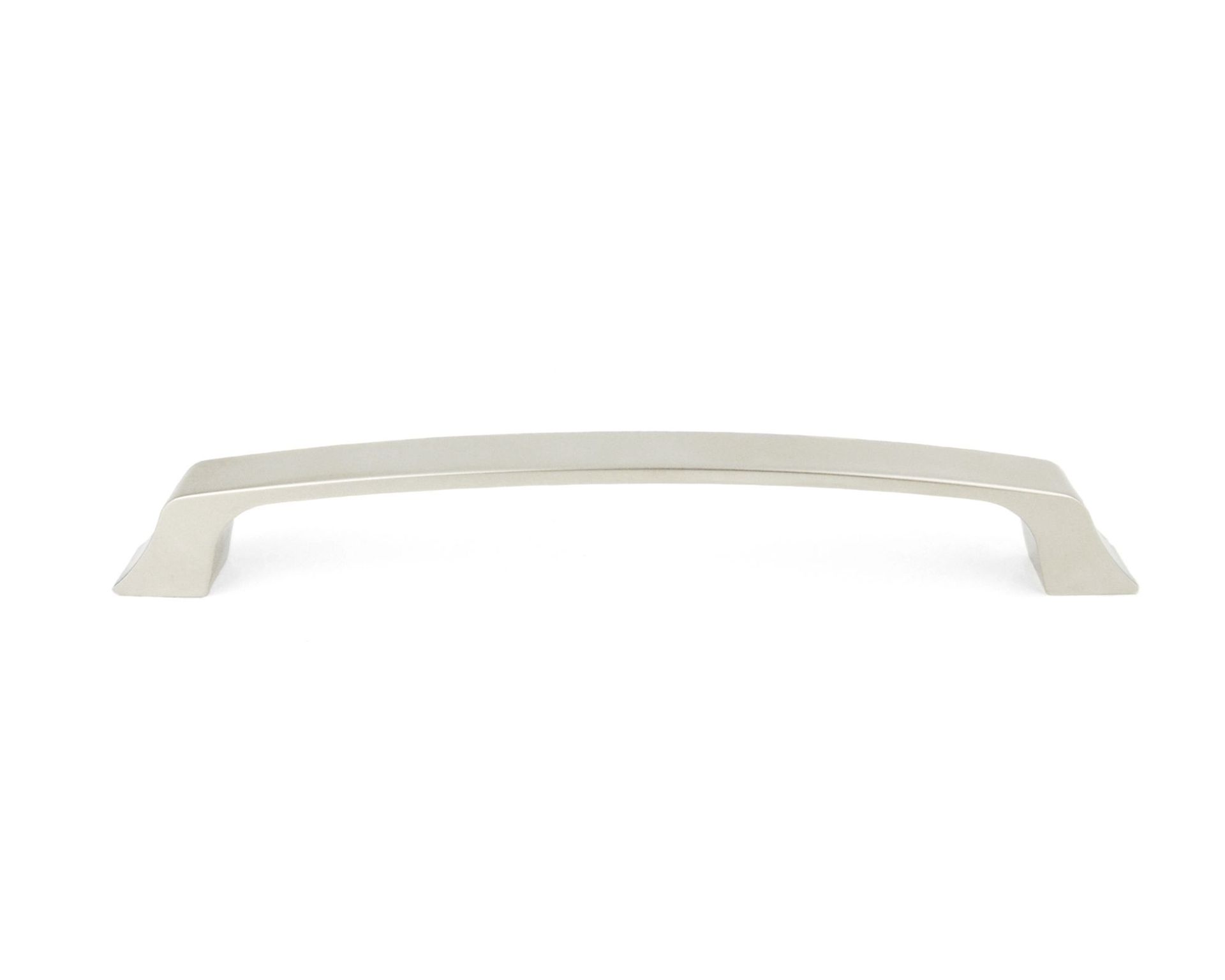A stainless steel cabinet handle on a white background.