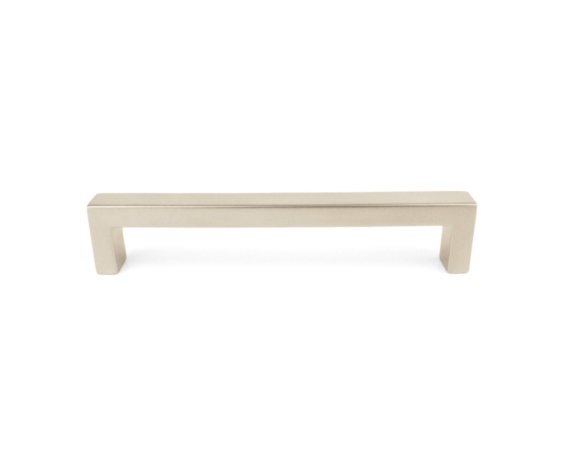 A stainless steel cabinet handle on a white background.