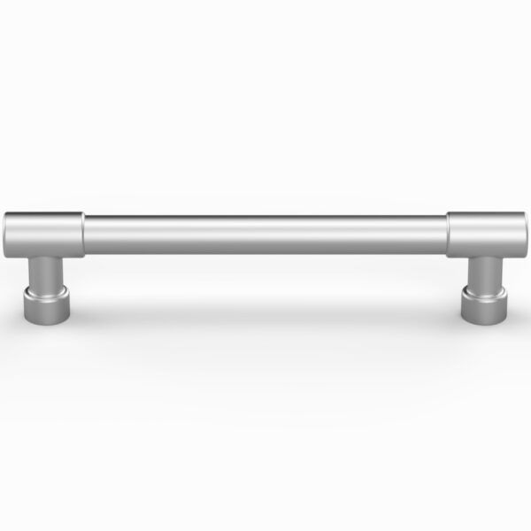 A stainless steel handle on a white background.