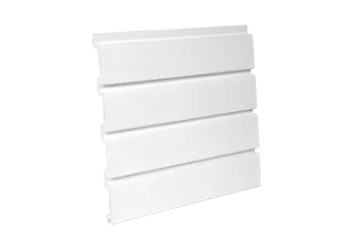 White, horizontal-grooved panel, likely for exterior wall cladding, angled slightly towards the viewer.