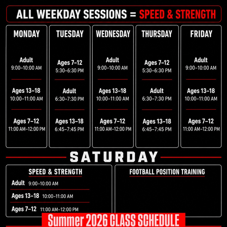 Weekly training schedule poster in black and red with weekday, Saturday, and Sunday session times.