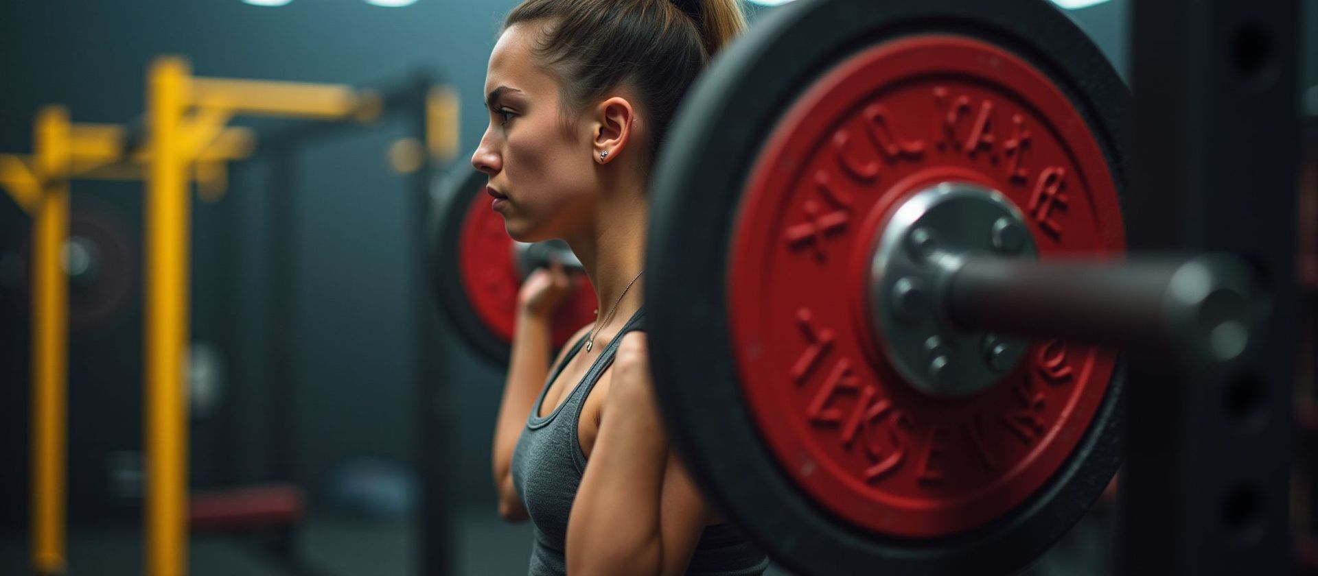 Woman in a gym resting beside a red weight plate on a barbell rack