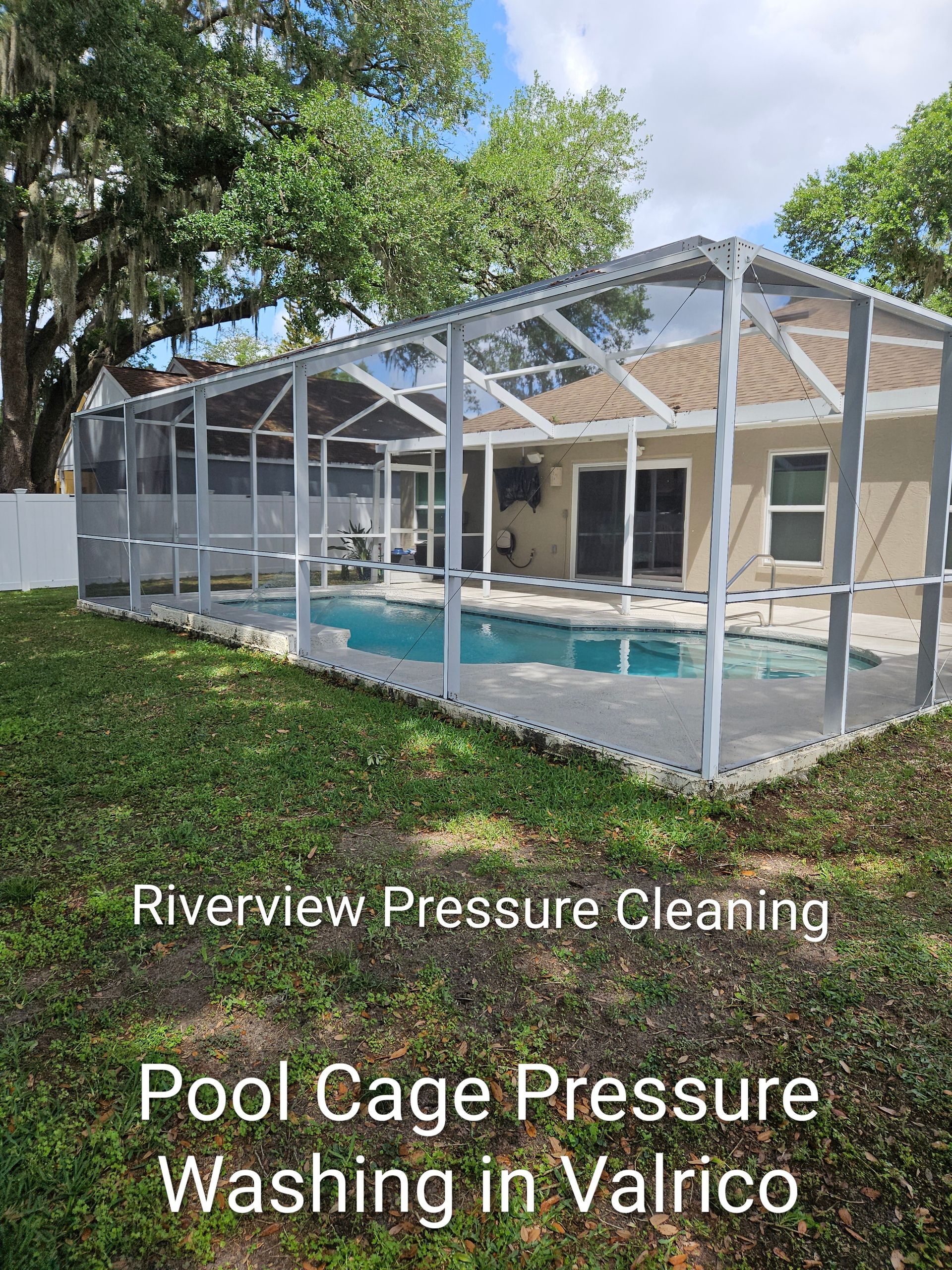Pool cage pressure washing beside a backyard pool in Valrico, with a cleaning service watermark.