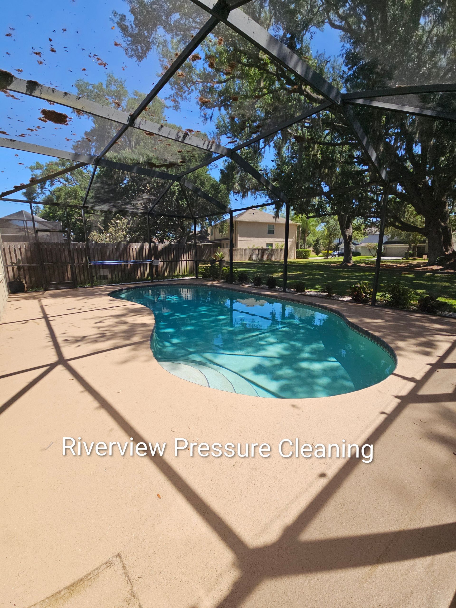 Backyard swimming pool beside a patio and screened enclosure, with trees and blue sky overhead.