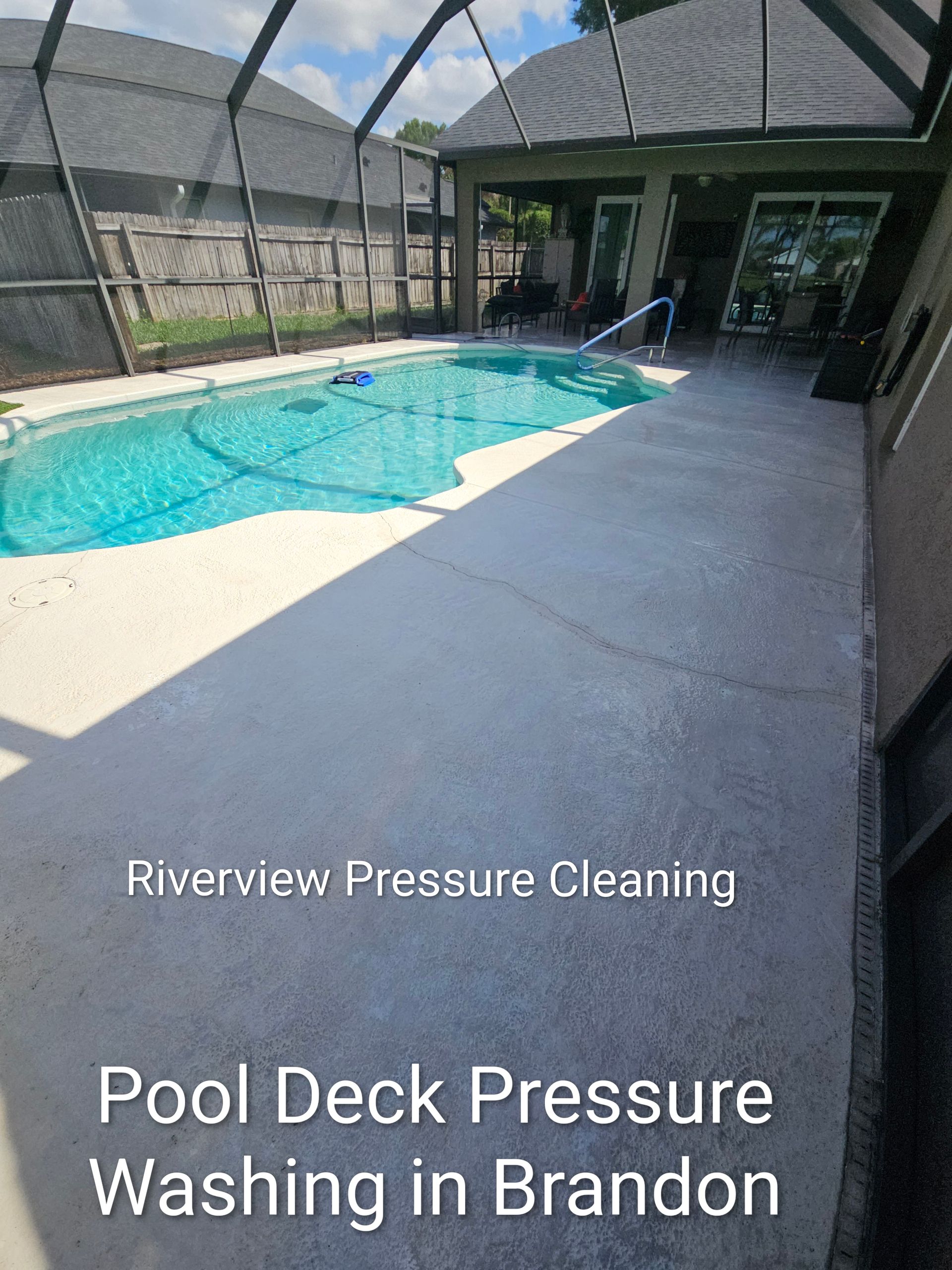 Pool deck beside a screened-in backyard pool, with “Pool Deck Pressure Washing in Brandon” text overlay.