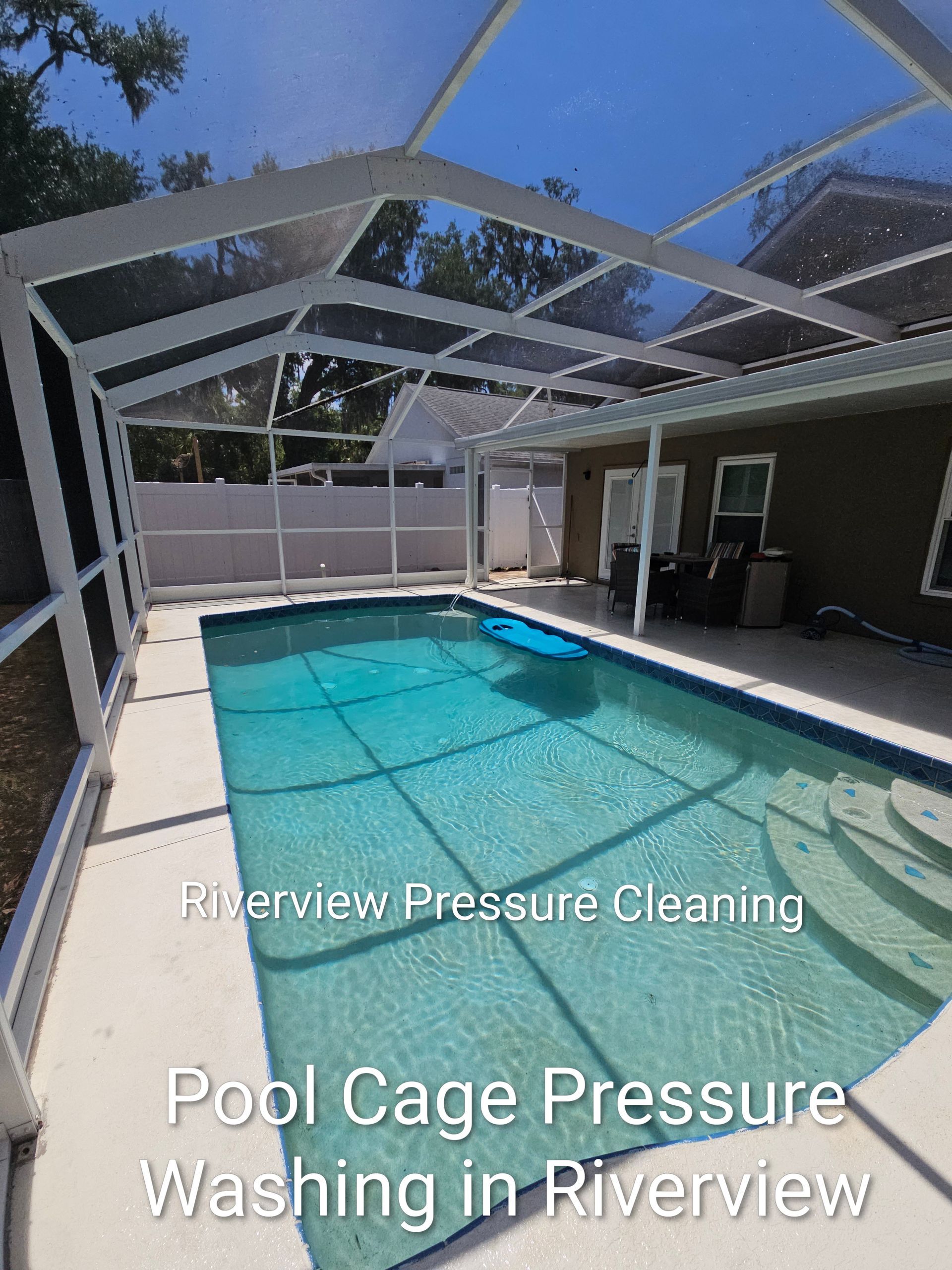 Clean pool cage screens and deck after pressure washing in Riverview