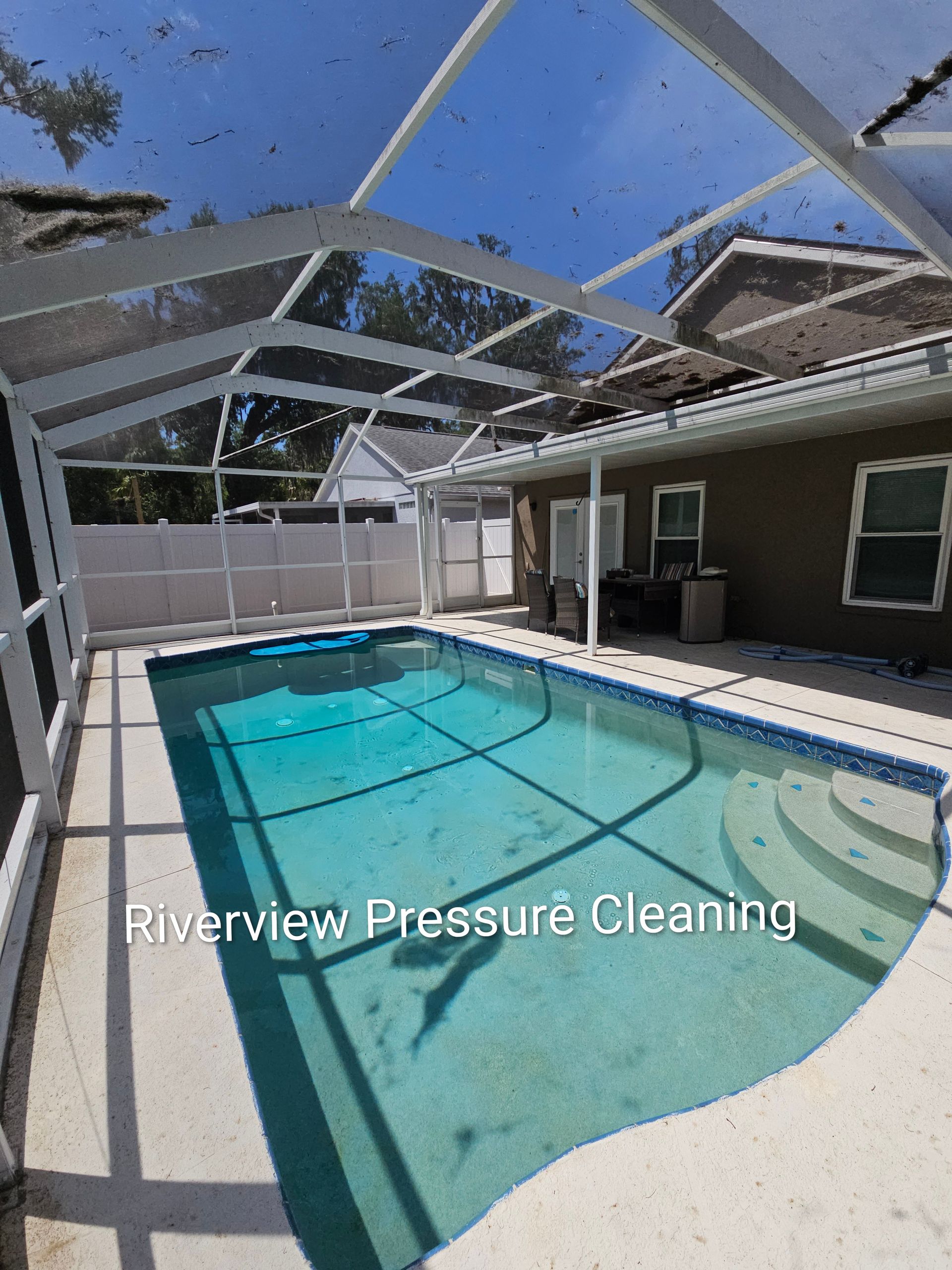 Dirty pool cage and deck with pollen and algae buildup in Riverview
