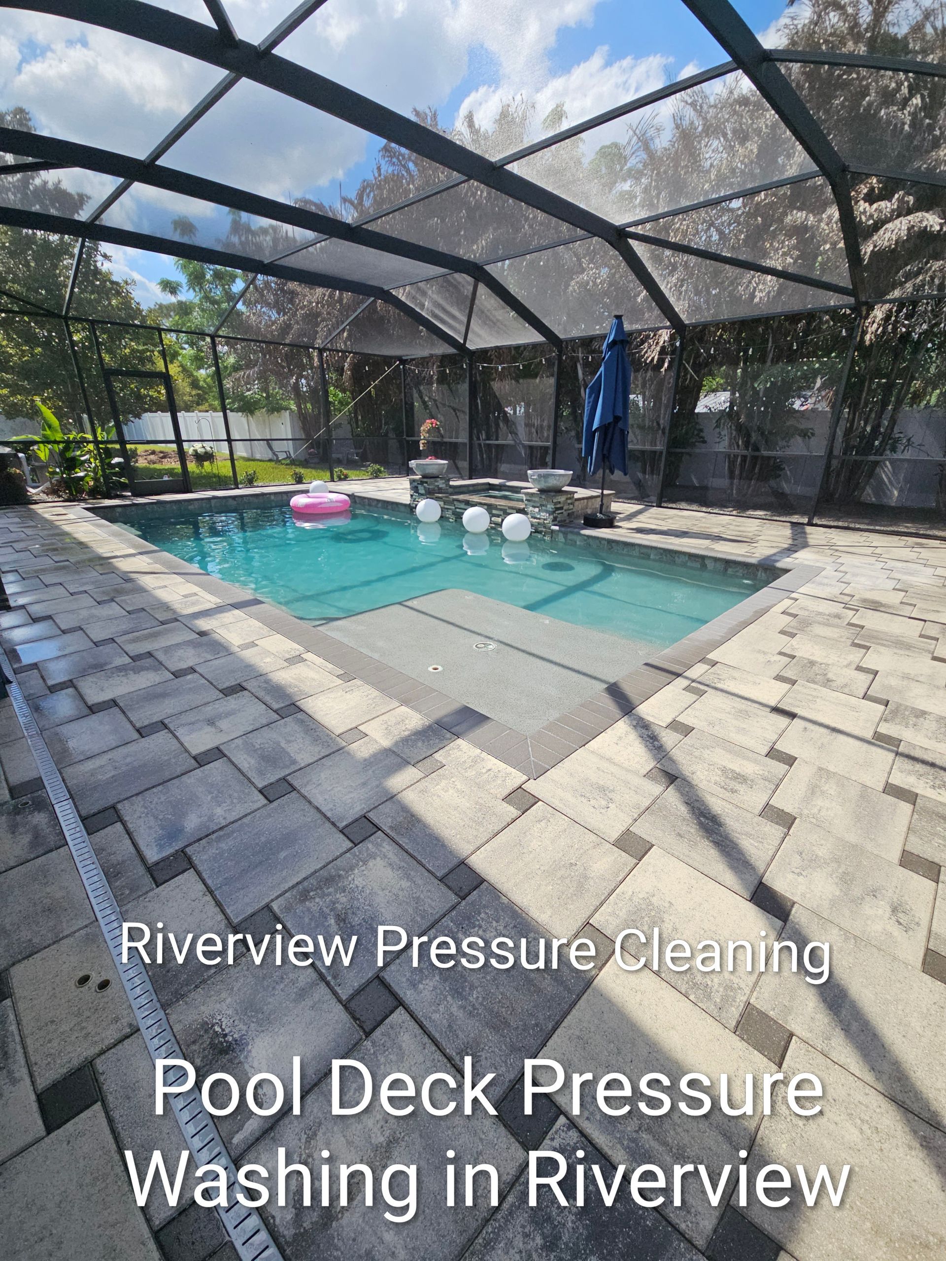 Screened-in pool deck with turquoise pool and pressure-washing caption overlay