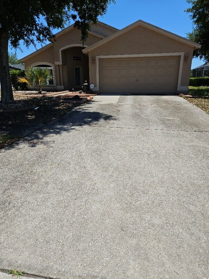 Dirty driveway and house exterior with algae and pollen buildup in Riverview
