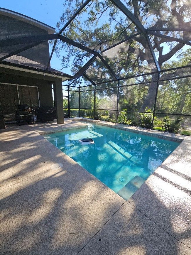 Clean pool cage screens and deck after pressure washing in Riverview