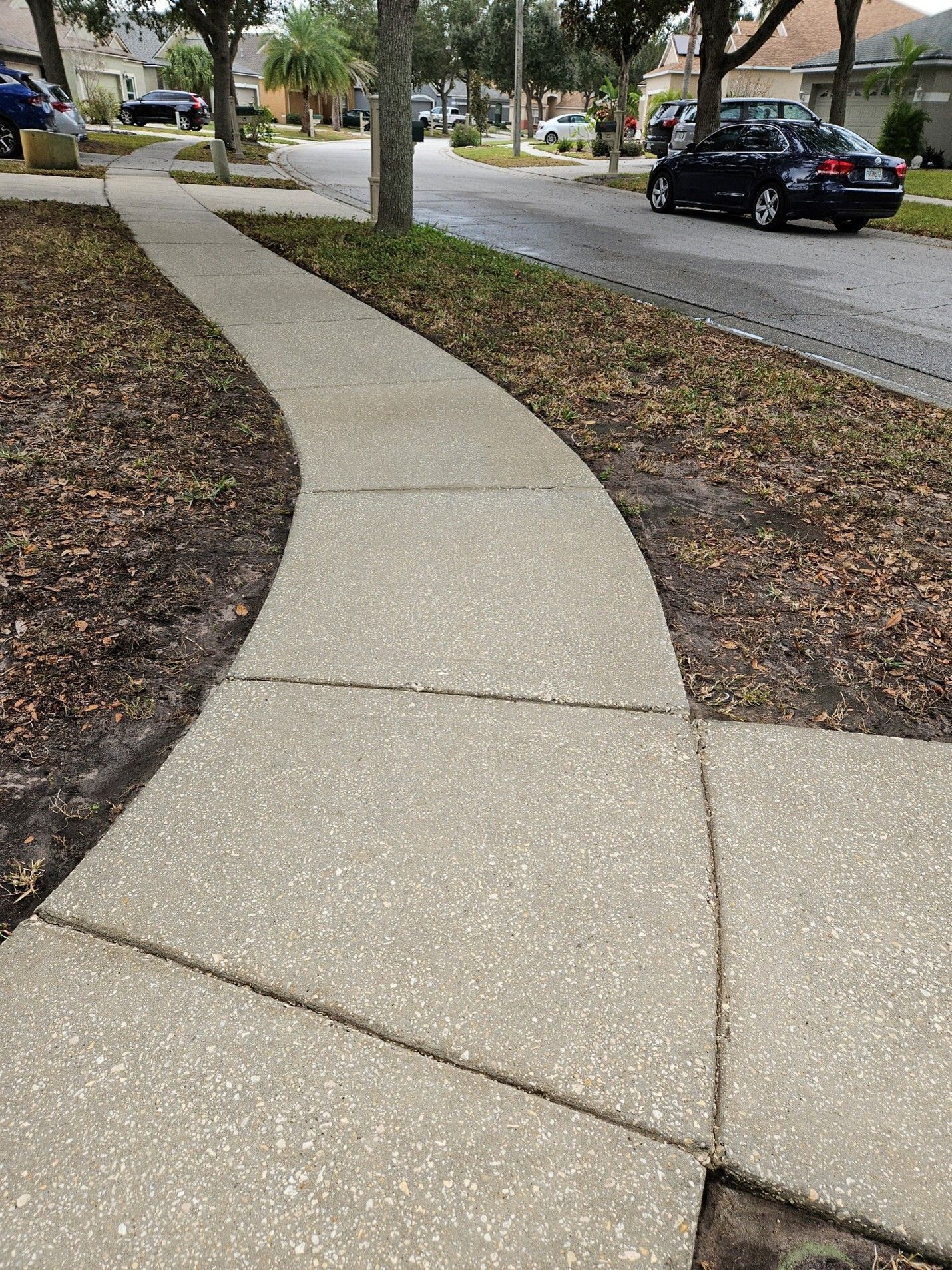 Curved concrete sidewalk beside a grassy roadside with parked cars on a residential street.