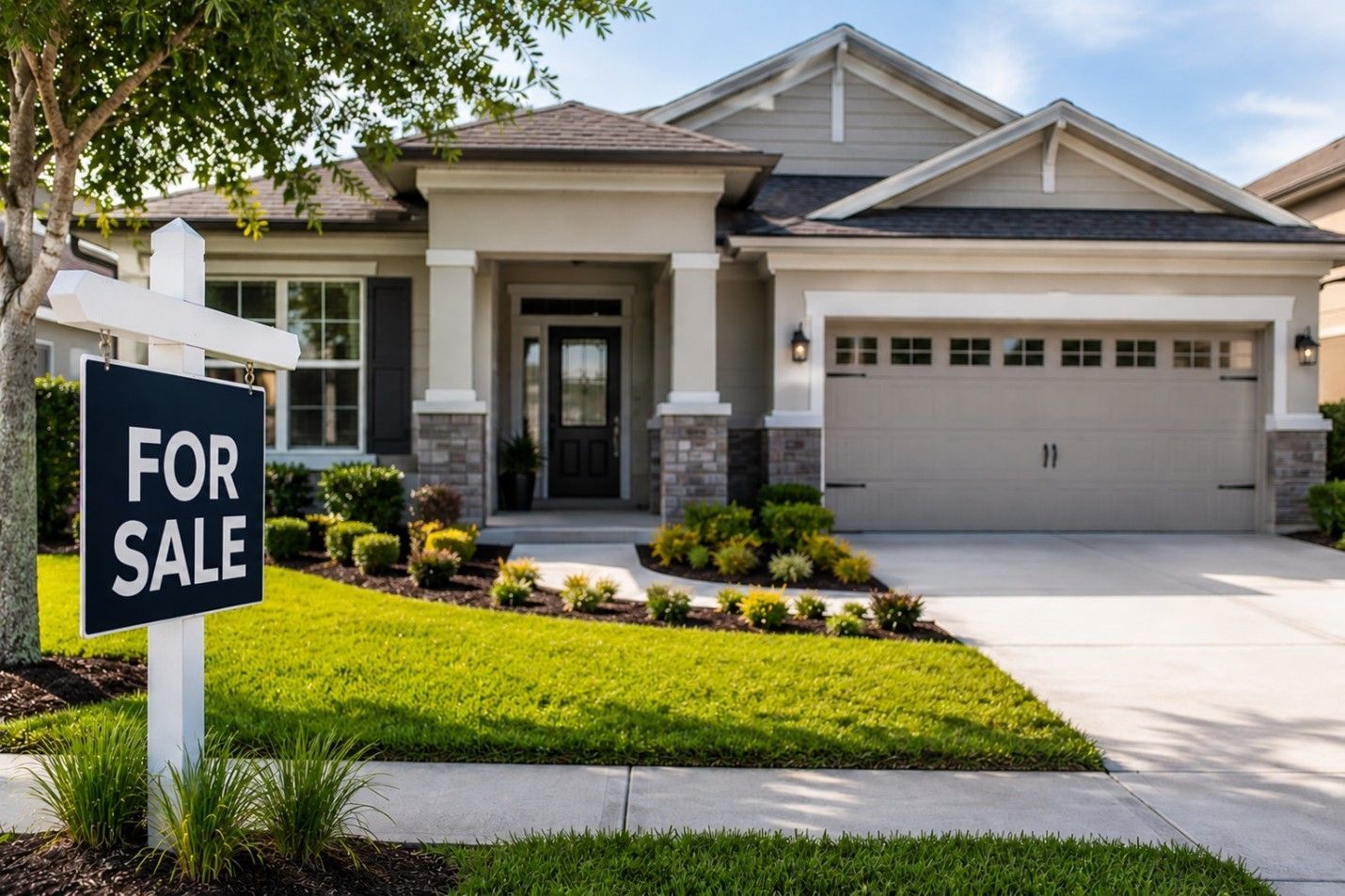 Suburban house with a “For Sale” sign on a manicured lawn and driveway.