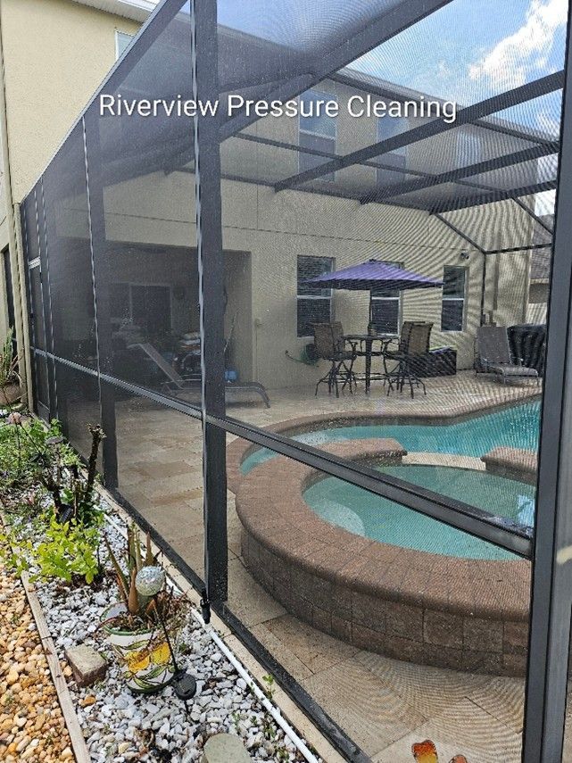 Dirty pool cage and travertine deck with algae and spiderwebs in Riverview