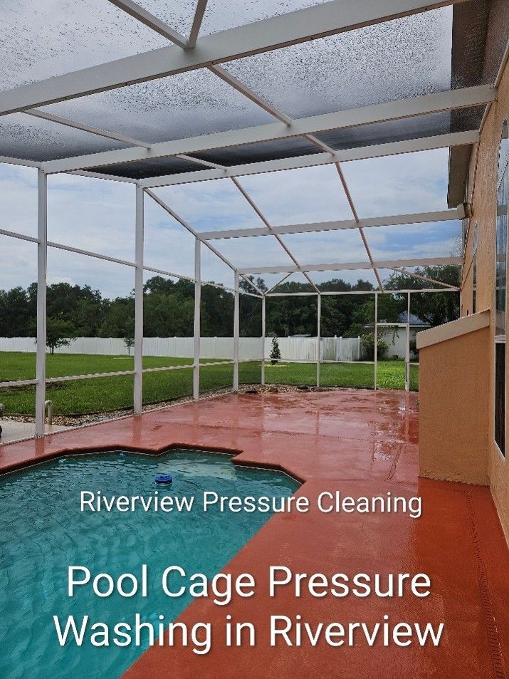Clean pool cage, screens, and pool deck in Riverview after professional pressure washing