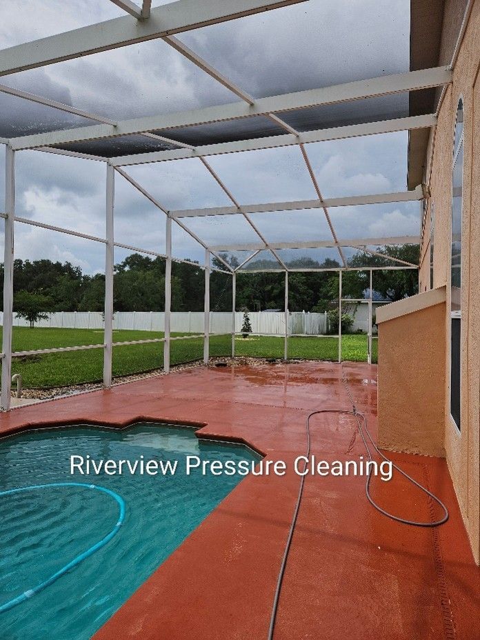 Pool cage and pool deck in Riverview with pollen, spiderwebs, algae, and dirt buildup before cleaning