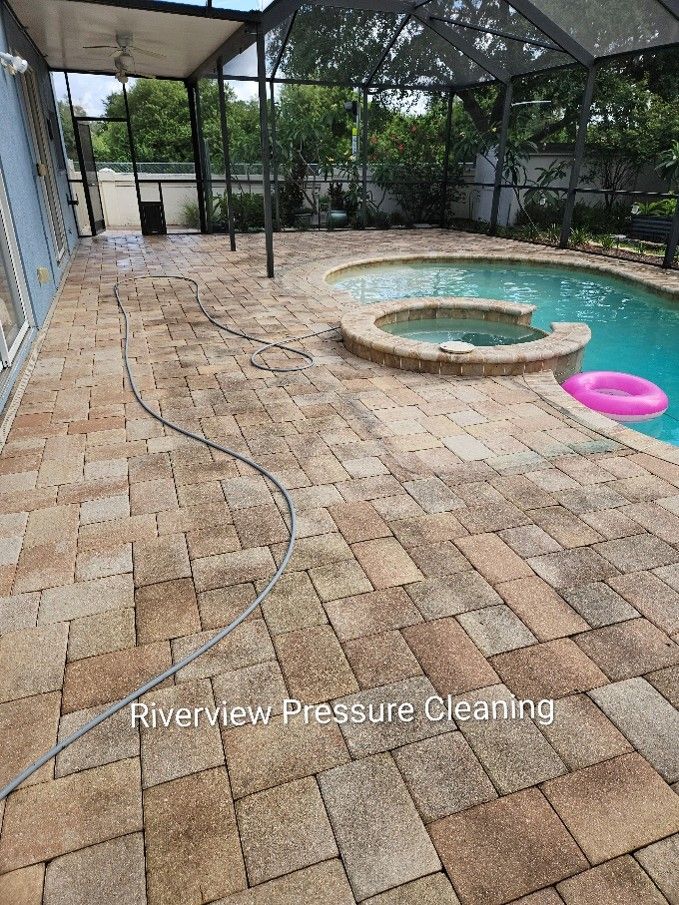 Pool pavers in Riverview with algae and mildew buildup before pressure washing