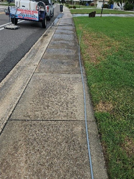 Painted driveway and concrete sidewalks with algae, mildew, and dirt buildup in Sun City Center