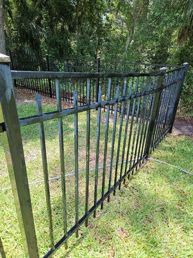 Wrought iron picket fence in Brandon with algae and lichen buildup before pressure washing
