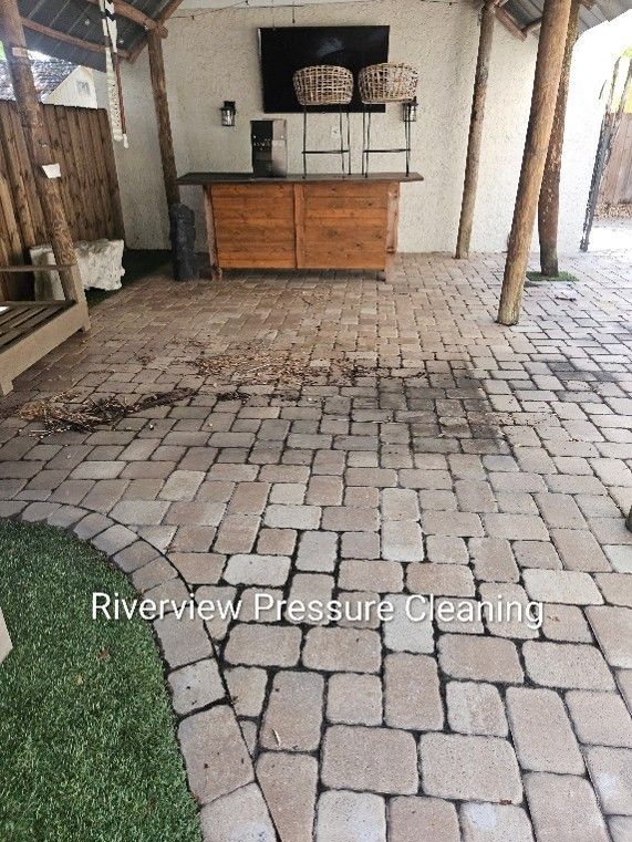 Patio pavers in South Tampa covered with algae, mildew, and dirt after an outdoor rug was removed