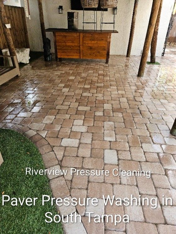 Freshly pressure washed patio pavers at a South Tampa home with algae and mildew completely removed