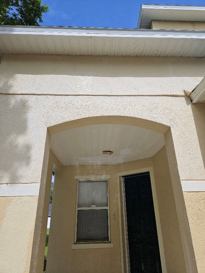 Mildew and algae buildup on white soffits before house pressure washing in Riverview FL