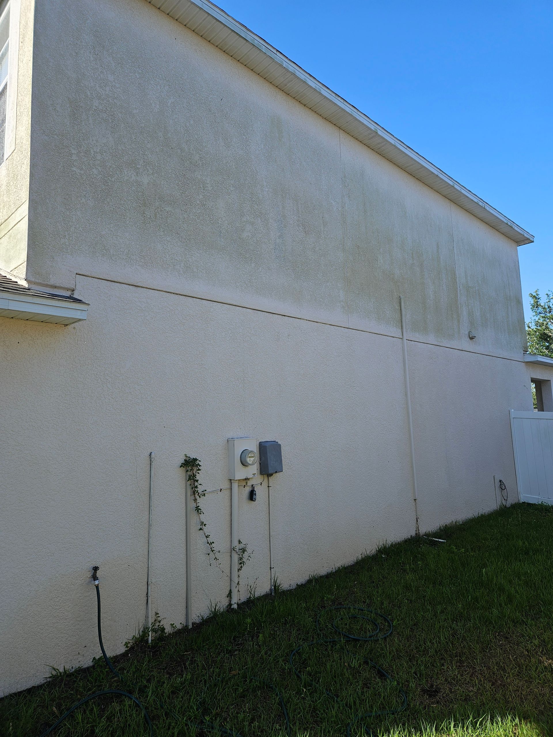 Green stuff on side of house is algae.  House pressure washing in Gibsonton, FL to remove mold and algae.