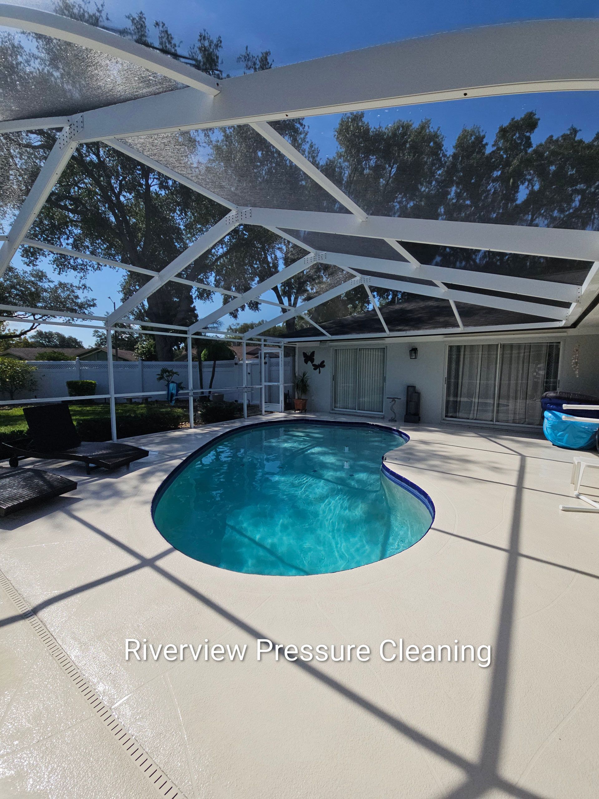 Pool cage in Riverview with algae, mildew, and dust on the cage, screens, and painted pool deck before cleaning